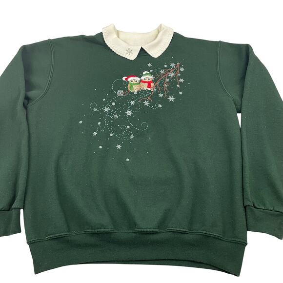 VTG Top Stitch Christmas Owls Collared Sweatshirt size L Green Embroidered - Picture 1 of 7